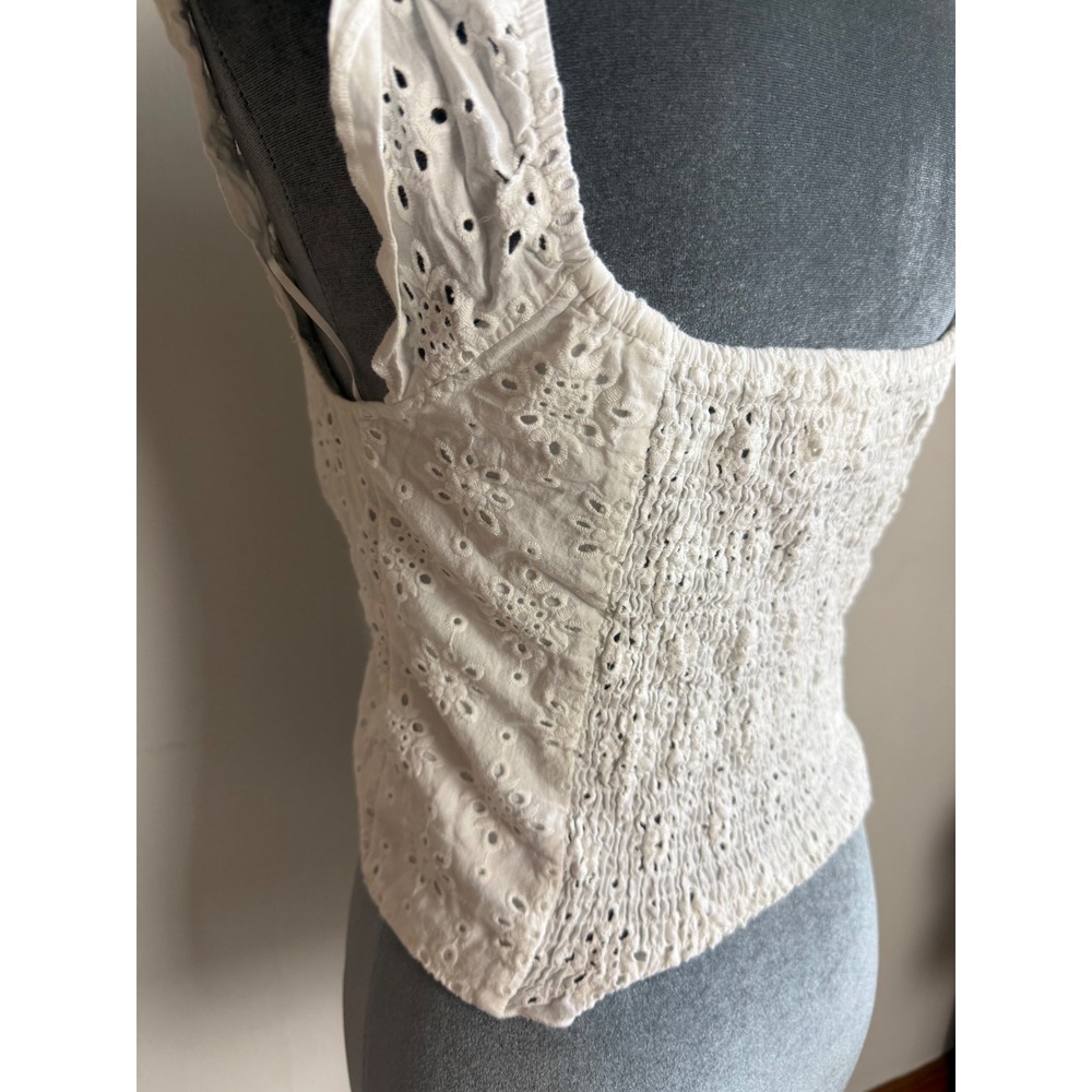 White Eyelet Lace Tie Front Crop Top Smocked Back Boho milkmaid Regencycore - Picture 8 of 12
